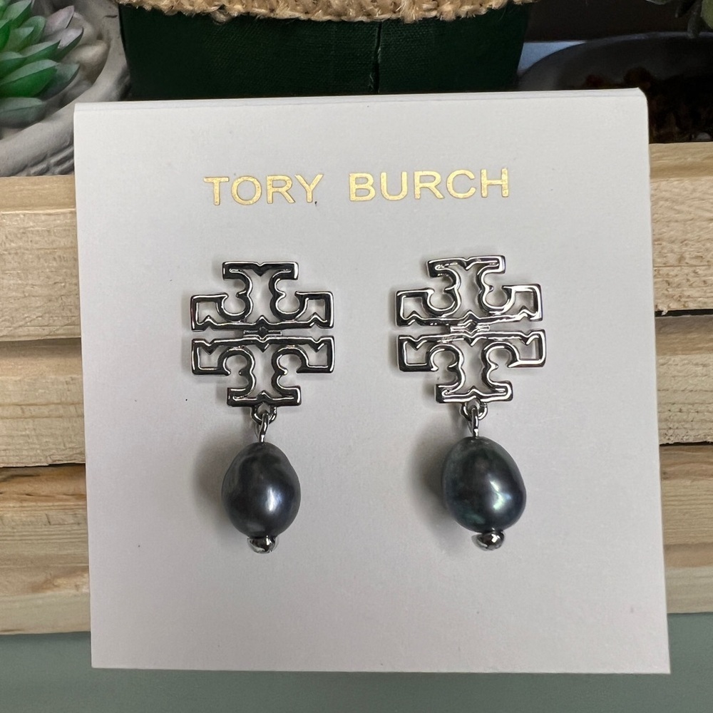 Tory Burch Britten Logo Pearl Silver Drop Earrings
